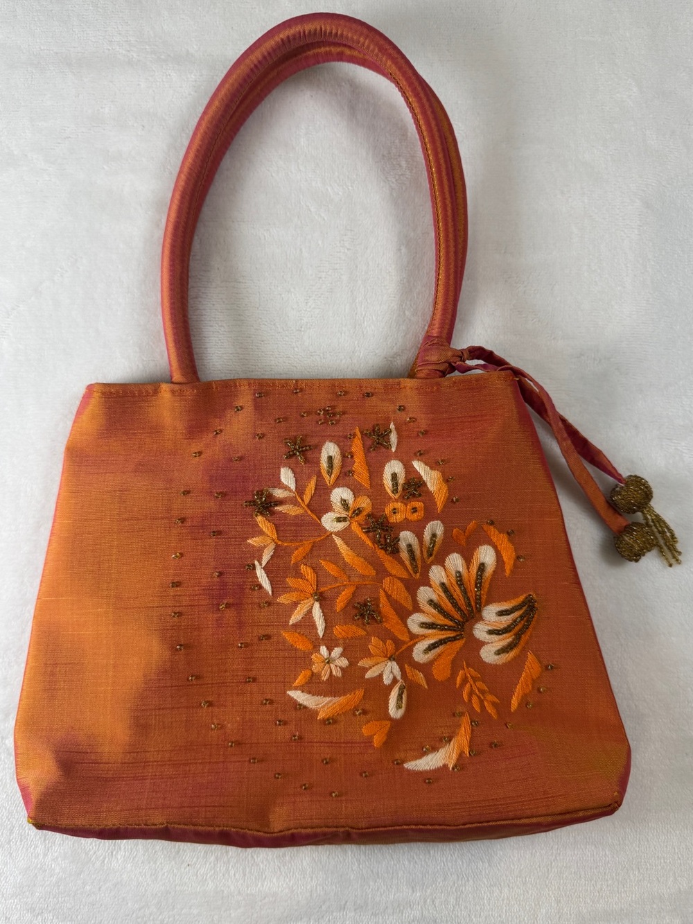 Vintage Mad Bags Silk Taffeta Embroidered Handbag PInk Orange
